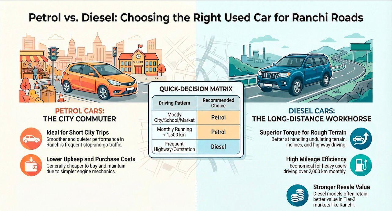 Diesel vs Petrol Secondhand Cars: Which Is Better for Ranchi Roads?